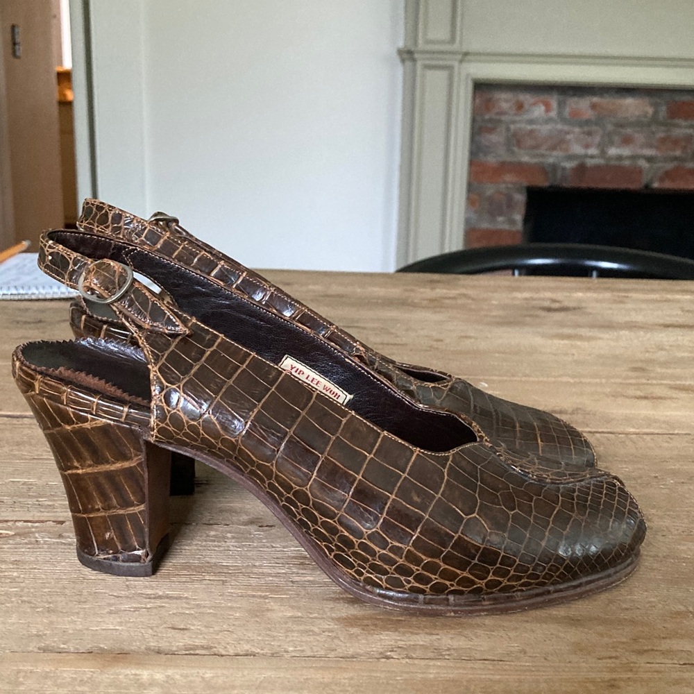 Vintage Handmade Brown Croc/snake Slingback Block Heels - approx size 8